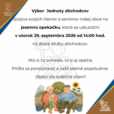 Jesenná opekačka Jednoty dôchodcov — 29. septembra 2026 na dvore Klubu dôchodcov